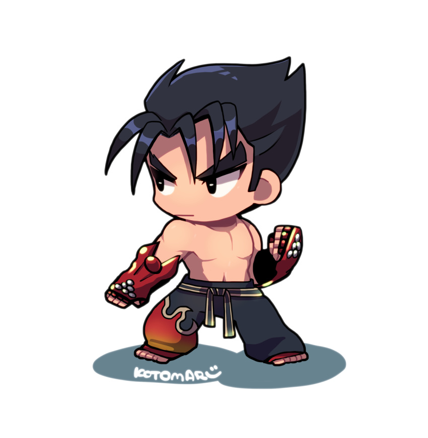 1boy black_hair black_pants bright_pupils chibi clenched_hand closed_mouth fighting_stance flame_print full_body gloves highres kazama_jin kotorai looking_to_the_side male_focus martial_arts_belt no_nipples pants pectorals red_gloves short_hair signature solo studded_gloves tekken thick_eyebrows topless_male v-shaped_eyebrows white_pupils