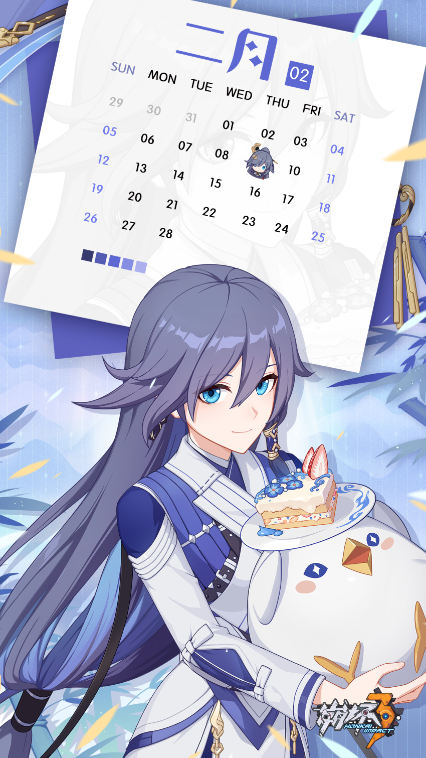 1girl absurdres bare_shoulders bird_hair_ornament birthday_cake black_gloves blue_background blue_eyes blue_flower blue_hair blue_pants cake calendar_(medium) character_name chibi chibi_inset china_dress chinese_clothes cleavage_cutout clothing_cutout dress earrings fingerless_gloves flower food fruit fu_hua fu_hua_(azure_empyrea) fu_hua_(taixuan_impression) gloves grey_hair hair_between_eyes hair_ornament hair_over_one_eye hairpin hanfu happy_birthday high_ponytail highres holding holding_toy honkai_(series) honkai_impact_3rd jewelry jingwei_(bird) light_smile logo long_hair long_sleeves looking_at_viewer official_alternate_costume official_art official_wallpaper paintbrush paintbrush_hair_ornament pants ponytail shirt shoulder_cutout single_earring single_glove smile strawberry stuffed_animal stuffed_bird stuffed_toy tassel tassel_earrings third-party_source toy very_long_hair white_dress white_shirt