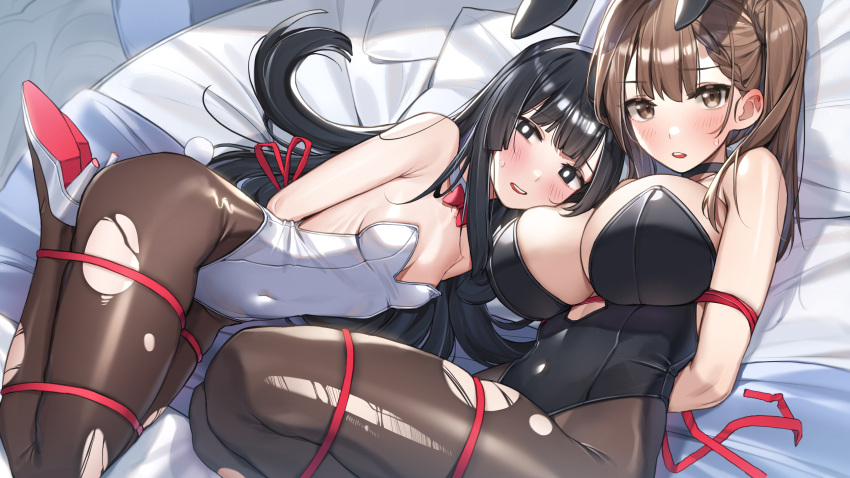 2girls absurdres animal_ears arms_behind_back bare_shoulders black_choker black_eyes black_hair black_leotard black_pantyhose blush bow bowtie breasts bright_pupils brown_eyes brown_hair choker covered_navel detached_collar fake_animal_ears high_heels highres kotobuki_hisako large_breasts leotard long_hair lying multiple_girls on_side pantyhose parted_lips piyo_(pixiv_2308057) playboy_bunny ponytail rabbit_ears red_bow red_bowtie restrained seitokai_nimo_anawa_aru! small_breasts smile terui_arisu thighs torn_clothes torn_pantyhose white_footwear white_leotard white_pupils