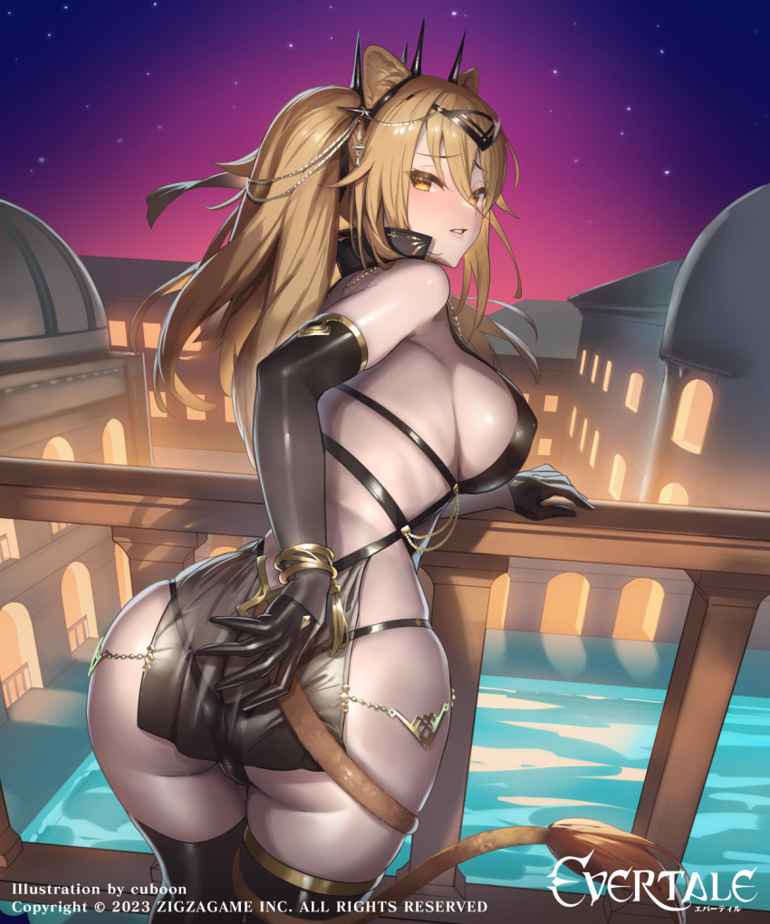 1girl animal_ears ass bent_over blonde_hair blush boots breasts covered_nipples cuboon elbow_gloves evertale from_behind gilgamesh_(evertale) gloves highres lion_ears lion_tail lips logo long_hair looking_at_viewer looking_back medium_breasts official_art outdoors parted_lips pelvic_curtain see-through shiny_clothes shiny_skin skindentation solo standing tail thigh_boots thighs yellow_eyes