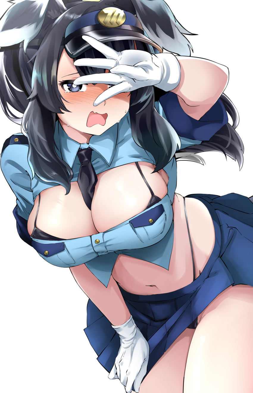 1girl absurdres alternate_breast_size alternate_costume between_breasts black_hair blue_archive blue_skirt blush breasts cleavage cleavage_cutout clothes_pull clothing_cutout cowboy_shot crop_top elbow_gloves embarrassed gloves hair_between_eyes hibiki_(blue_archive) highleg highleg_panties highres large_breasts long_hair looking_at_viewer microskirt navel necktie necktie_between_breasts open_mouth panties panty_peek pleated_skirt police police_uniform policewoman revealing_clothes shirt short_sleeves simple_background skirt skirt_pull solo standing stomach string_panties thighs underwear uniform white_background white_gloves zea_lark