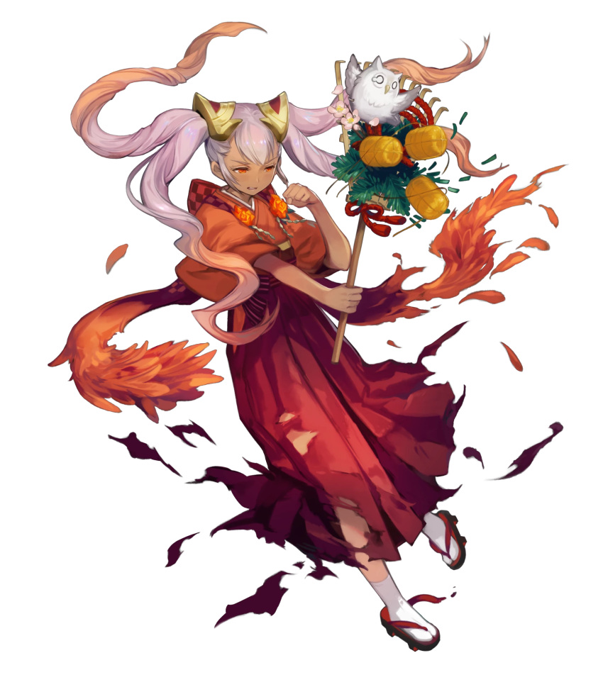 1girl damaged dark-skinned_female dark_skin fire_emblem fire_emblem_heroes highres holding_rake japanese_clothes kimono laevatein_(fire_emblem) laevatein_(new_year)_(fire_emblem) multicolored_hair non-web_source official_alternate_costume official_art orange_hair quad_tails rake red_eyes red_kimono sandals solo tabi torn_clothes torn_kimono two-tone_hair white_hair