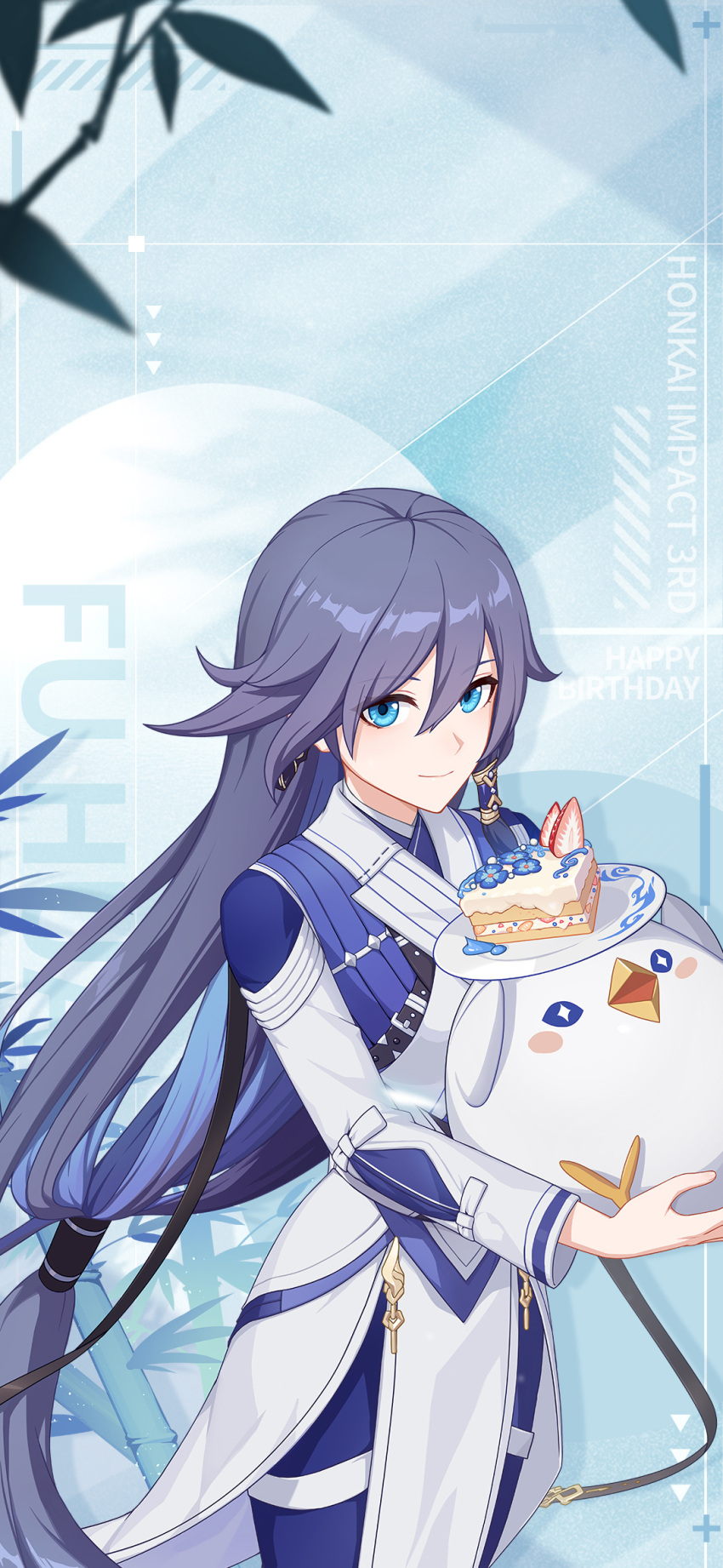 1girl birthday_cake black_gloves blue_background blue_eyes blue_flower blue_hair blue_pants cake character_name chinese_clothes fingerless_gloves flower food fruit fu_hua fu_hua_(azure_empyrea) fu_hua_(taixuan_impression) gloves grey_hair hair_between_eyes hanfu happy_birthday highres holding holding_toy honkai_(series) honkai_impact_3rd jingwei_(bird) light_smile long_hair long_sleeves looking_at_viewer official_alternate_costume official_art official_wallpaper pants shirt single_glove smile strawberry stuffed_animal stuffed_bird stuffed_toy third-party_source toy white_shirt