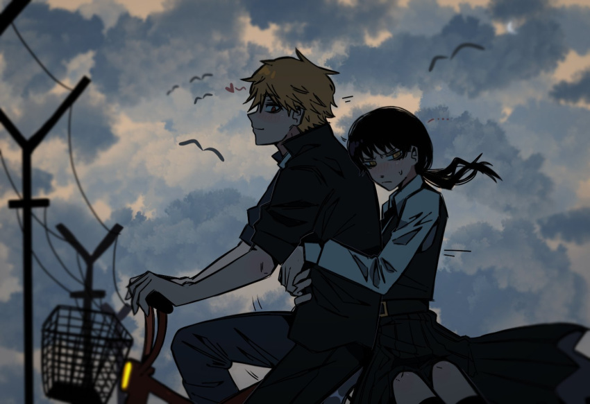 1boy 1girl 31ulkubo bicycle bicycle_basket black_hair black_jacket blonde_hair chainsaw_man commentary denji_(chainsaw_man) fourth_east_high_school_uniform highres hug jacket mitaka_asa ponytail red_eyes riding riding_bicycle school_uniform sidesaddle simple_bird smile utility_pole yellow_eyes