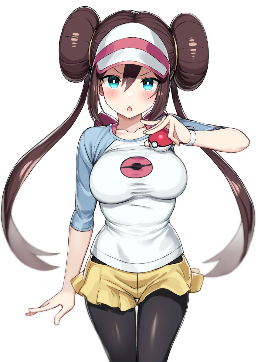 1girl absurdres black_eyes black_pantyhose blush breasts collarbone cowboy_shot double_bun elbow_sleeve greatmosu hair_bun highres holding holding_poke_ball large_breasts long_hair open_mouth pantyhose poke_ball pokemon rosa_(pokemon) shirt simple_background skirt solo twintails v-shaped_eyebrows visor_cap white_background white_shirt wristband yellow_skirt