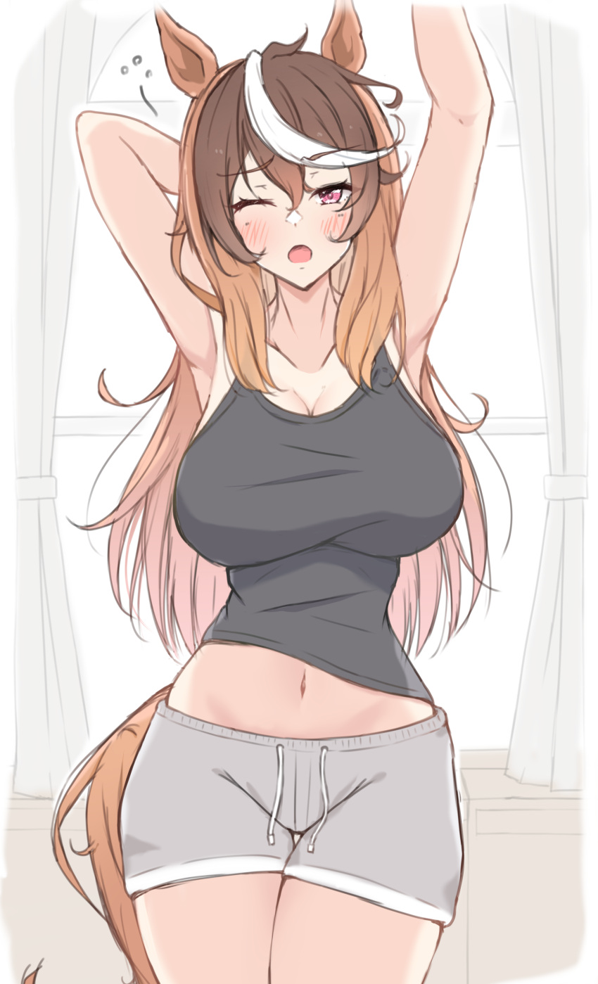 1girl absurdres alternate_costume animal_ears armpits arms_up black_tank_top blush breasts brown_hair cleavage commentary_request cowboy_shot curtains grey_shorts hair_between_eyes highres himuraanzu horse_ears horse_girl horse_tail indoors large_breasts looking_at_viewer midriff multicolored_hair navel one_eye_closed open_mouth purple_eyes shorts solo streaked_hair symboli_rudolf_(umamusume) tail tank_top umamusume waking_up white_hair yawning