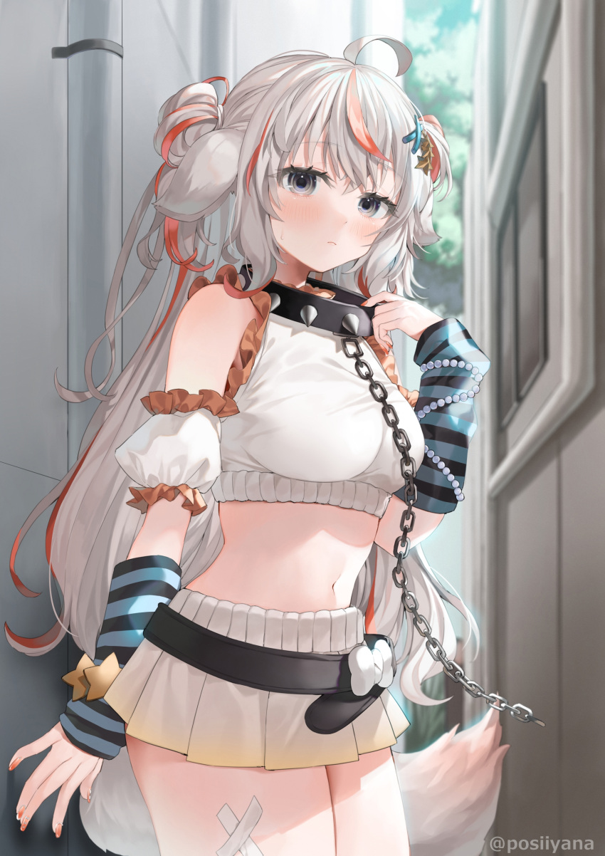 1girl absurdres ahoge animal_ears arm_warmers bandaid bandaid_on_leg bare_shoulders belt black_eyes breasts chain closed_mouth collar cowboy_shot crop_top detached_sleeves expressionless fox_ears fox_girl fox_tail frilled_shirt frilled_sleeves frills hand_up highres long_hair looking_at_viewer loose_belt medium_breasts midriff miniskirt multicolored_hair nail_polish navel original pleated_skirt ribbed_shirt ribbed_skirt shirt short_sleeves skirt sleeveless sleeveless_shirt solo standing stomach streaked_hair studded_collar sweatdrop tail thighs very_long_hair white_hair white_shirt white_skirt yana_mori