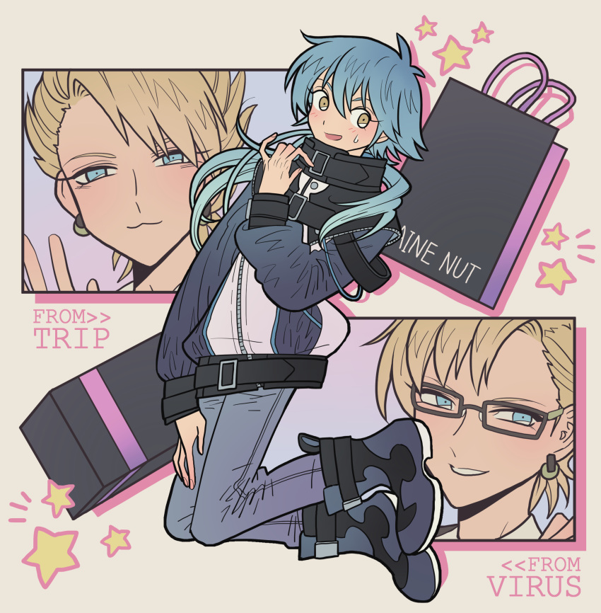 2boys :3 bag blonde_hair blue_eyes blue_hair blue_jacket blue_pants box character_name dramatical_murder earrings full_body gift gift_box glasses hand_on_own_leg hand_up highres jacket jewelry long_hair long_sleeves looking_at_viewer male_focus meremero multiple_boys multiple_views open_mouth pants seragaki_aoba shopping_bag short_hair smile spiked_hair star_(symbol) sweatdrop virus_(dramatical_murder) yellow_eyes