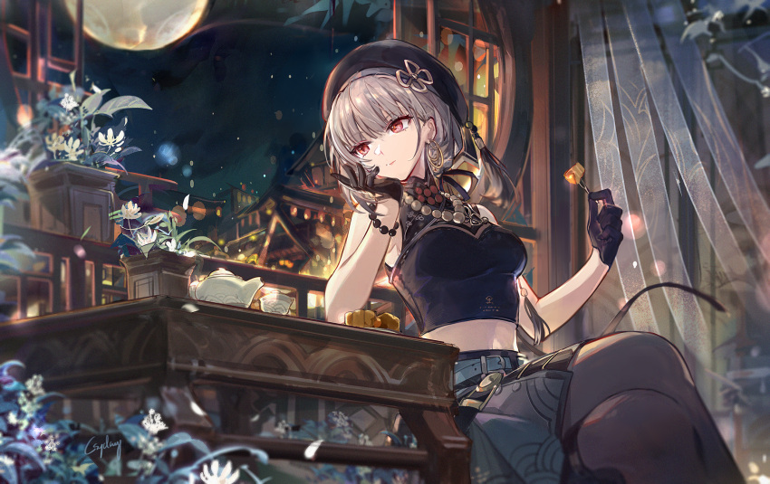 1girl bare_shoulders crossed_legs csyday highres long_hair night red_eyes sanhua_(wuthering_waves) sitting skirt smile solo thighs white_hair wuthering_waves