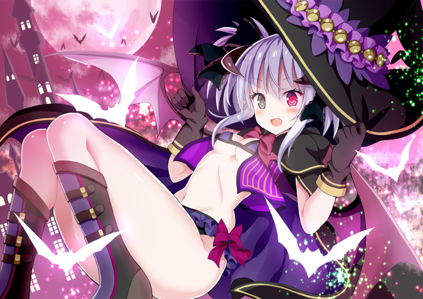 1girl :d animal bat_(animal) bikini bikini_under_clothes black_bow black_cape black_footwear black_gloves black_headwear bow breasts cape capelet character_request chouhakai!!_barbarossa frilled_bikini frills full_moon givuchoko gloves grey_eyes grey_hair grey_wings hair_between_eyes hair_bow hands_on_headwear hands_up hat heterochromia horns knees_together_feet_apart knees_up medium_breasts moon purple_bikini purple_capelet purple_wings red_eyes smile solo striped swimsuit tower twintails vertical_stripes wings witch_hat