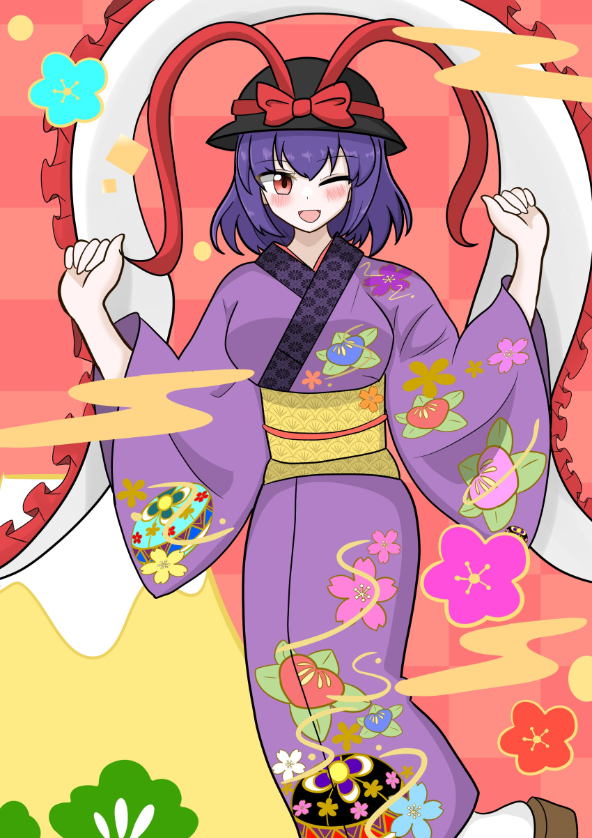 1girl ;d absurdres black_headwear blush bow commentary_request floral_print frilled_shawl frills hat hat_bow highres japanese_clothes kanisizuha kimono long_sleeves looking_at_viewer nagae_iku one_eye_closed purple_hair purple_kimono red_background red_bow red_eyes sash shawl short_hair smile solo touhou wide_sleeves yukata