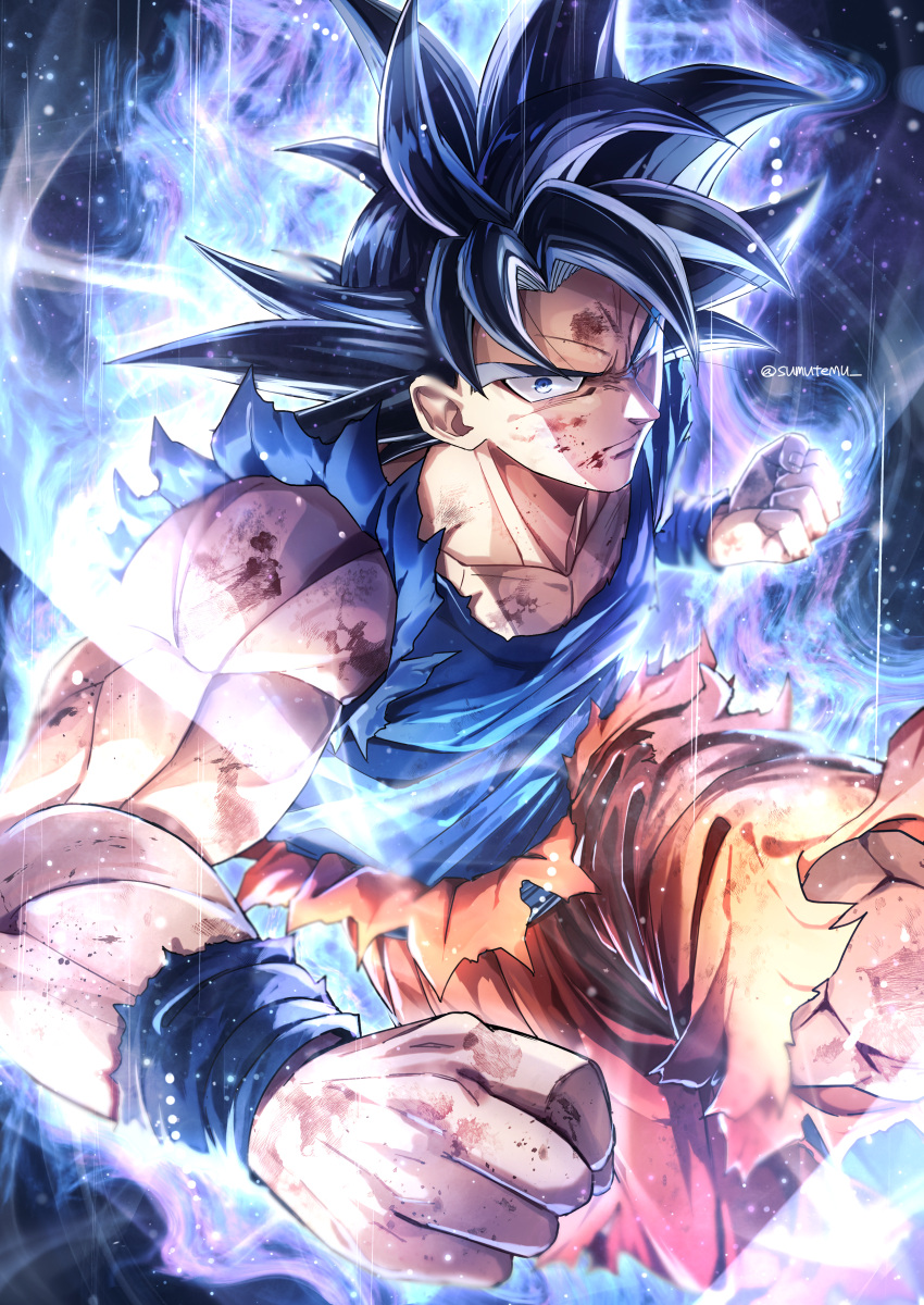 1boy absurdres aura bare_shoulders black_hair blood blood_on_arm blood_on_face blood_on_hands blue_eyes blue_tank_top clenched_hands commentary_request dragon_ball hands_up highres knee_up long_hair looking_at_viewer looking_back muscular muscular_male orange_pants pants raised_fist serious shirt solo son_goku sumutemu tank_top torn_clothes torn_pants torn_shirt torn_tank_top ultra_instinct