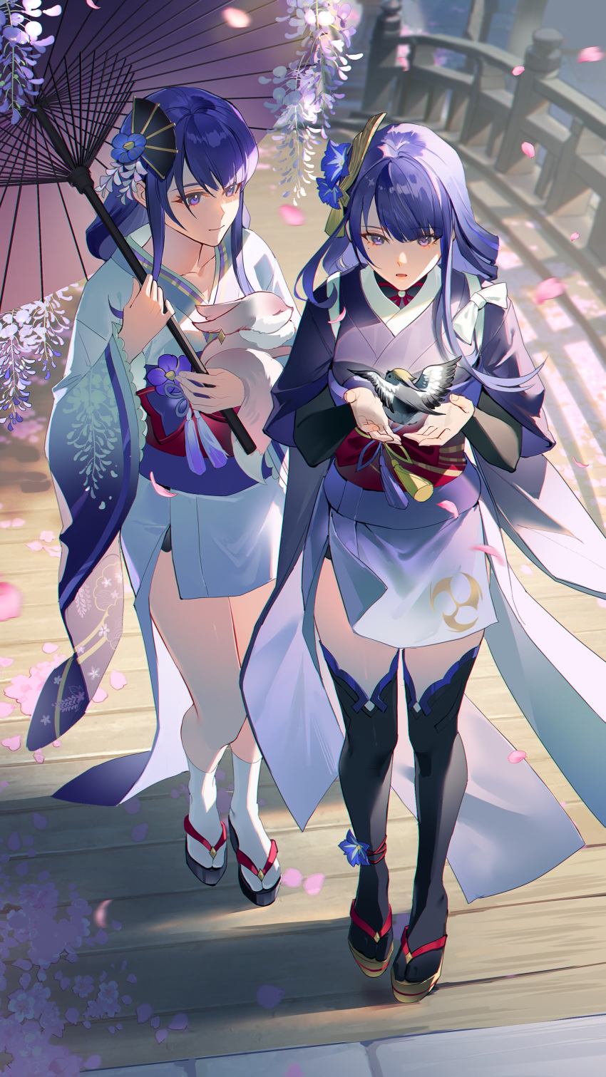 2girls absurdres animal bird black_thighhighs bridge commentary_request falling_petals fox genshin_impact guaisen hair_ornament highres holding holding_animal holding_umbrella japanese_clothes kimono looking_at_viewer makoto_(genshin_impact) mole mole_under_eye multiple_girls official_alternate_costume petals purple_eyes purple_hair purple_kimono raiden_shogun railing siblings thighhighs twins umbrella white_kimono yae_miko yae_miko_(fox)