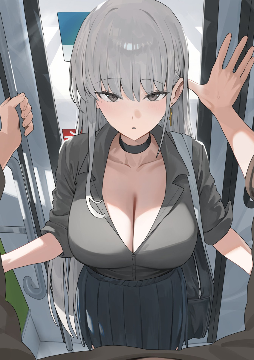 1boy 1girl black_bag black_choker black_skirt blush breasts choker cleavage collarbone collared_shirt commentary earrings grey_eyes grey_hair grey_shirt highres hood_(james_x) jewelry large_breasts looking_at_viewer mole mole_under_eye original parted_lips pleated_skirt pov shirt shirt_tucked_in skirt solo_focus symbol-only_commentary