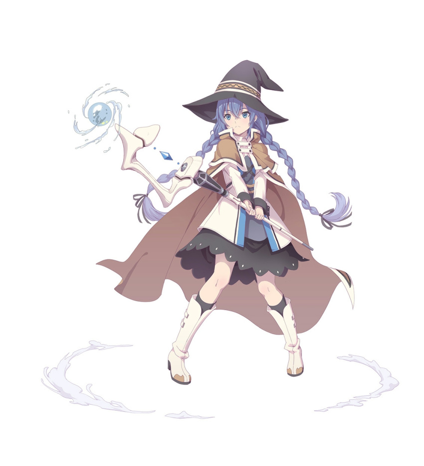 1girl black_skirt blue_eyes blue_hair boots braid brown_cloak chinese_commentary cloak closed_mouth crystal dress full_body grey_dress guang_yiren hair_between_eyes hat high_heel_boots high_heels highres holding holding_staff hydrokinesis jacket looking_to_the_side mage_staff mushoku_tensei roxy_migurdia simple_background skirt solo splashing staff twin_braids two-tone_dress water white_background white_footwear white_jacket witch_hat