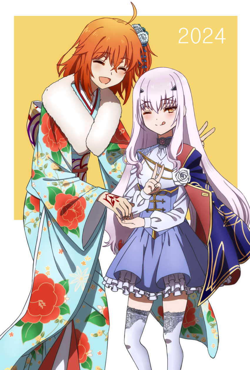 2girls ahoge aiguillette blue_cape blue_dress blue_kimono breasts cape closed_eyes dress fate/grand_order fate_(series) floral_print forked_eyebrows fujimaru_ritsuka_(female) fujimaru_ritsuka_(female)_(ceremonial_new_year) fur_collar highres japanese_clothes kimono long_hair long_sleeves looking_at_viewer melusine_(fate) melusine_(second_ascension)_(fate) multiple_girls obi oiun one_side_up open_mouth orange_eyes orange_hair sash short_hair sidelocks small_breasts smile thighhighs white_hair white_thighhighs wide_sleeves yellow_eyes