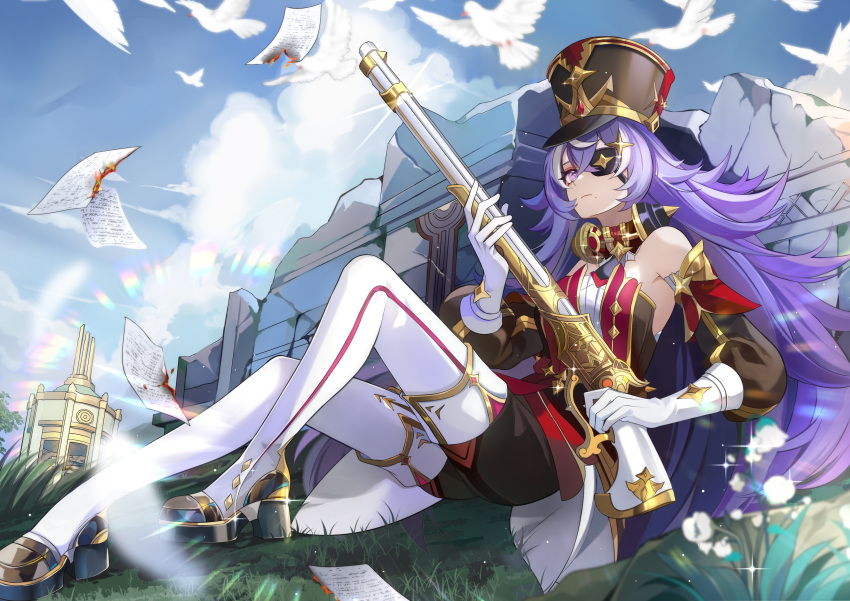 1girl absurdres ahk_dh bare_shoulders bird blue_sky chevreuse_(genshin_impact) cloud day detached_sleeves dress earmuffs earmuffs_around_neck eyepatch floating floating_object genshin_impact gun hat highres holding holding_gun holding_weapon long_hair multicolored_hair musket outdoors paper purple_eyes purple_hair red_dress shako_cap sitting sky solo streaked_hair two-tone_hair very_long_hair weapon white_hair