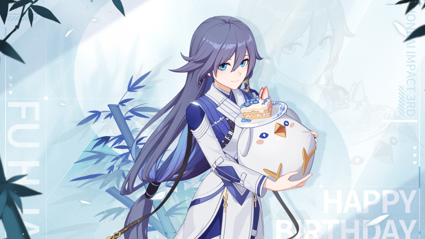 1girl birthday_cake black_gloves blue_background blue_eyes blue_flower blue_hair blue_pants cake character_name chinese_clothes fingerless_gloves flower food fruit fu_hua fu_hua_(azure_empyrea) fu_hua_(taixuan_impression) gloves grey_hair hair_between_eyes hanfu happy_birthday highres holding holding_toy honkai_(series) honkai_impact_3rd jingwei_(bird) light_smile long_hair long_sleeves looking_at_viewer official_alternate_costume official_art official_wallpaper pants shirt single_glove smile strawberry stuffed_animal stuffed_bird stuffed_toy third-party_source toy white_shirt