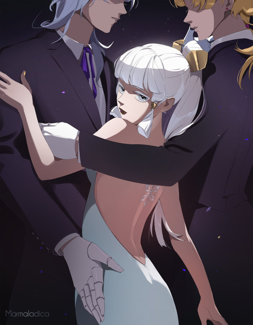 1girl 2boys artist_name backless_dress backless_outfit bare_shoulders black_lips blonde_hair brother_and_sister commentary dress earrings faceless faceless_male gauntlets genshin_impact gloves grey_eyes height_difference high_ponytail highres jewelry kamisato_ayaka kamisato_ayato looking_at_viewer looking_back marmaladica multiple_boys siblings stud_earrings thoma_(genshin_impact) white_dress white_gloves white_hair