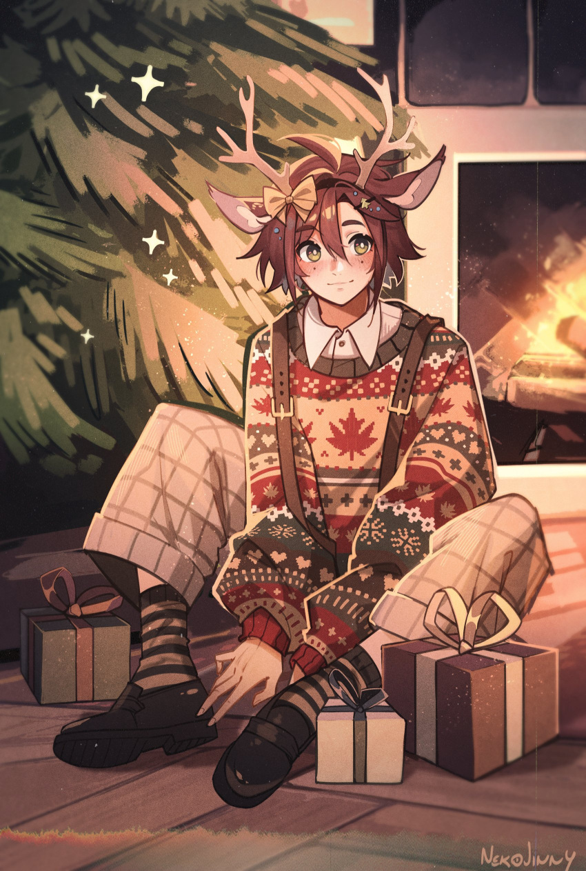 1boy absurdres alternate_costume animal_ears antlers blush christmas_present christmas_sweater christmas_tree deer_ears fireplace genshin_impact gift green_eyes hair_between_eyes highres male_focus nekojinnyart red_hair shikanoin_heizou socks solo striped striped_socks