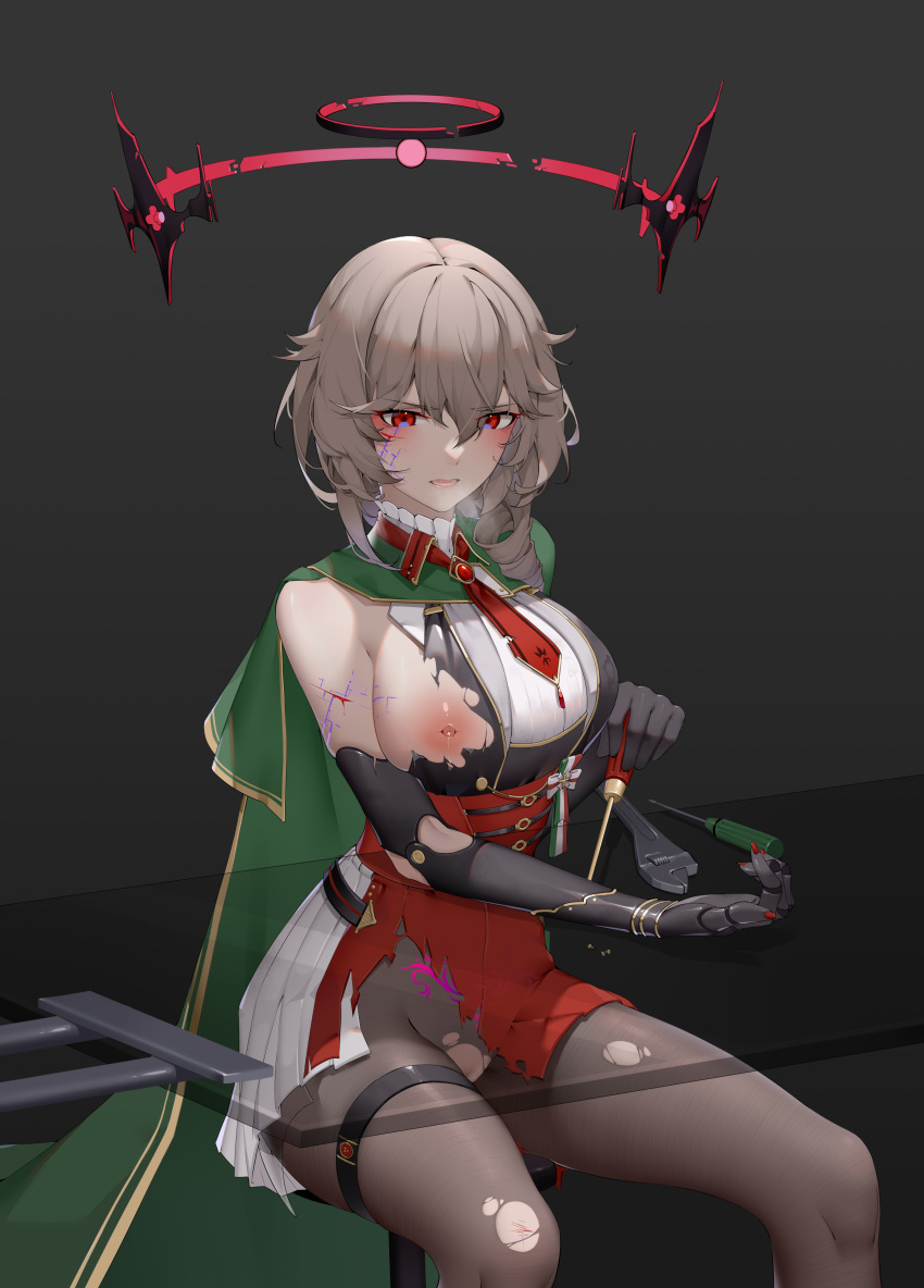 1girl absurdres azur_lane bangs black_background black_gloves black_pantyhose blonde_hair blood blood_on_arm blood_on_face blush breasts cape chinese_commentary cuts dress drill_locks duca_degli_abruzzi_(azur_lane) elbow_gloves feet_out_of_frame gloves green_cape halo highres holding holding_screwdriver injury italian_flag large_breasts looking_down medium_hair necktie nipples open_mouth pantyhose parted_lips prosthesis prosthetic_arm pubic_tattoo pussy red_eyes red_halo red_necktie red_skirt screwdriver sideboob sitting skirt solo steam_from_mouth tattoo torn_clothes torn_dress torn_pantyhose torn_skirt wrench wsfw