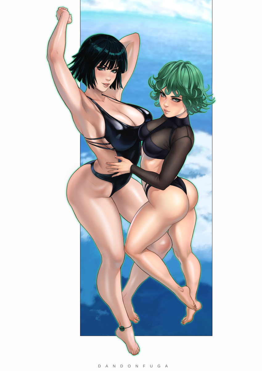 2girls absurdres ankle_strap armpits arms_up ass bikini black_hair breasts cleavage collarbone dandon_fuga fubuki_(one-punch_man) full_body green_eyes green_hair highres large_breasts looking_at_viewer medium_breasts multiple_girls one-piece_swimsuit one-punch_man realistic short_hair siblings sisters swimsuit tatsumaki