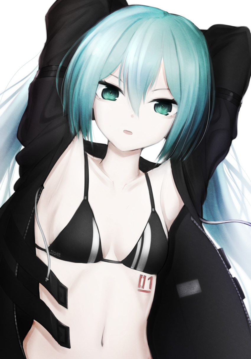 1girl absurdres armpits arms_behind_head arms_up bangs bikini black_bikini black_coat black_rock_shooter black_rock_shooter_(character) black_rock_shooter_(character)_(cosplay) blue_hair breasts cleavage coat collarbone cosplay green_eyes hair_between_eyes hatsune_miku highres kkethics long_hair looking_at_viewer navel number_tattoo open_clothes open_coat open_mouth shiny shiny_hair small_breasts solo swimsuit tattoo twintails upper_body vocaloid white_background