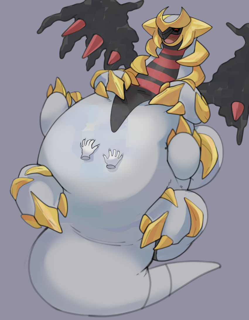2022 absurd_res ambiguous_gender armor belly belly_rub belly_squish big_belly bird's-eye_view black_body body_armor claws digital_drawing_(artwork) digital_media_(artwork) disembodied_hand duo eyes_closed feet feral generation_4_pokemon giratina grey_background grey_body hand_on_stomach happy hexapod hi_res high-angle_view legendary_pokemon lying markings multicolored_body nintendo nude on_back open_mouth open_smile overweight overweight_ambiguous overweight_feral pokemon pokemon_(species) red_markings simple_background smile solo_focus spikes spikes_(anatomy) squish tail thick_tail wings xeniyy