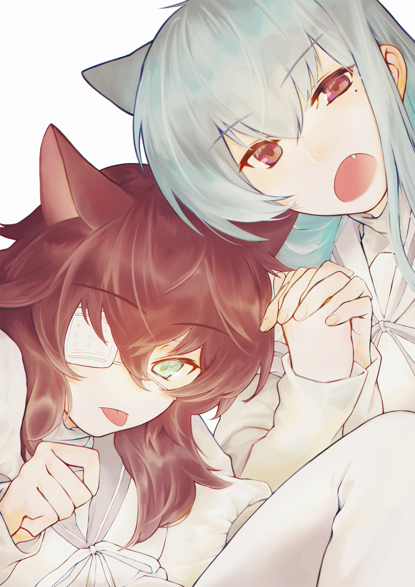 2boys animal_ears cat_boy cat_ears couple eyepatch fang green_eyes green_hair hands_up highres holding_hands knee_up loveless male_focus mole mole_under_eye multiple_boys necktie one_eye_covered open_mouth paw_pose puffy_sleeves red_eyes red_hair sagan_natsuo sagan_youji school_uniform serafuku simple_background tongue tongue_out turtleneck upper_body white_background white_necktie white_serafuku yaoi yo_(user_pytw8752)