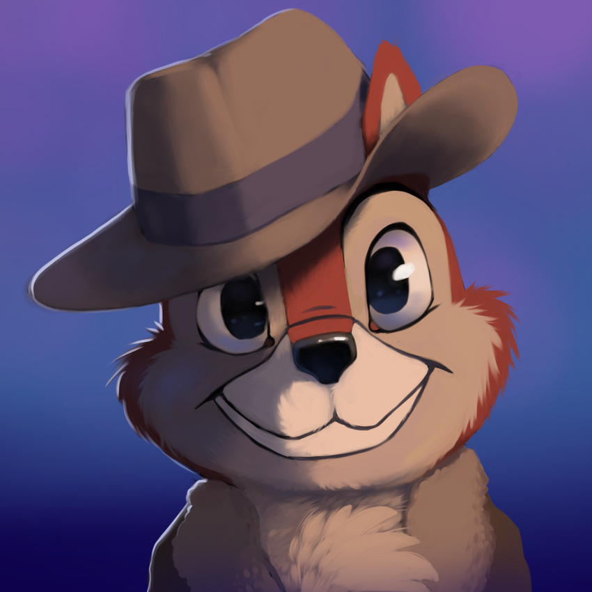1:1 2023 absurd_res anthro black_nose blue_background brown_body brown_fur bust_portrait chest_tuft chip_'n_dale_rescue_rangers chip_(disney) chipmunk clothed clothing digital_media_(artwork) disney fedora fur furgonomic_headwear furgonomics gradient_background ground_squirrel hat headgear headwear hi_res jacket looking_at_viewer lowfire3 male mammal open_clothing open_jacket open_topwear portrait rodent sciurid simple_background smile solo topwear tuft