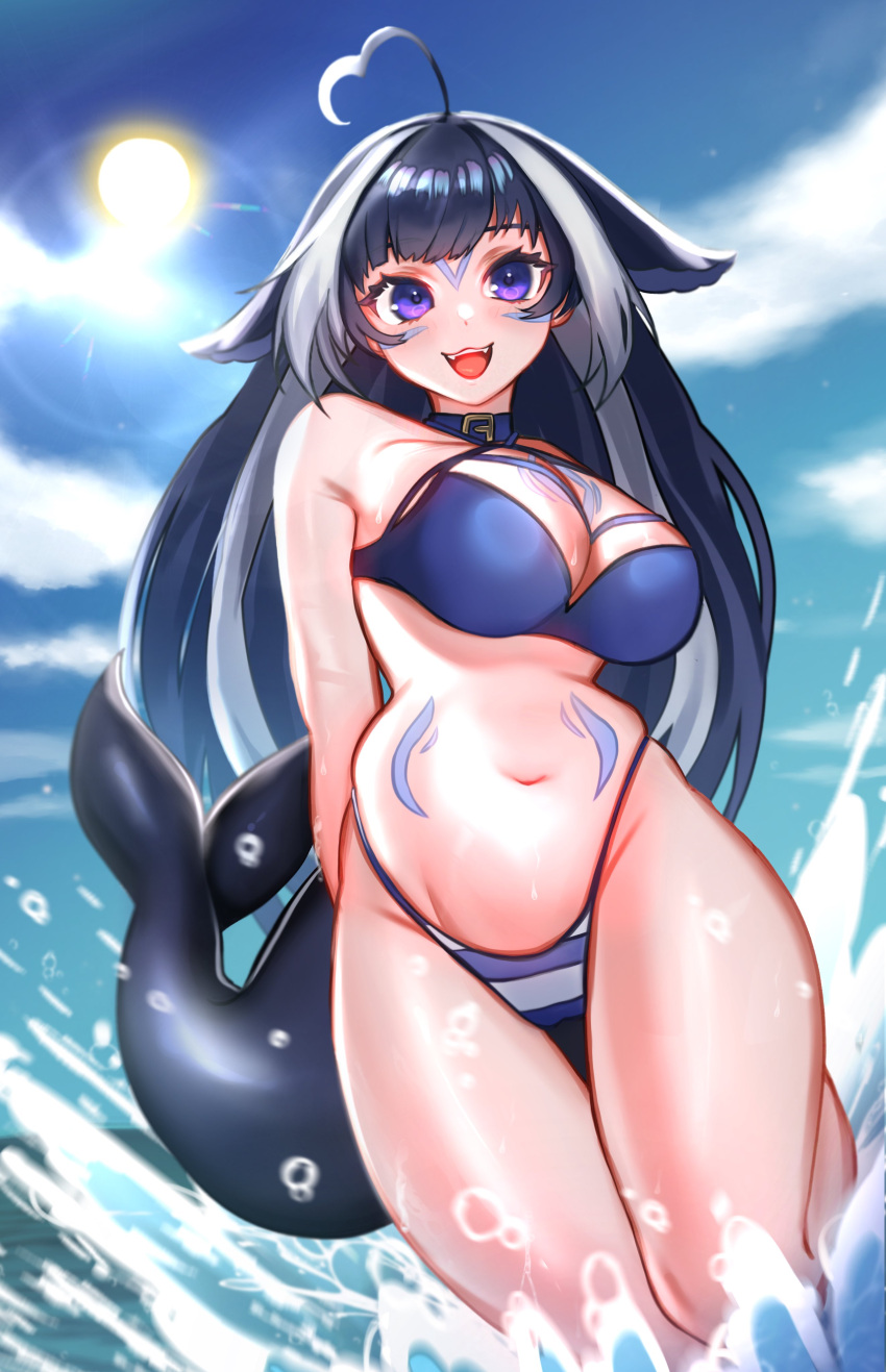 absurdres ahoge animal_ears belt_collar bikini black_hair blue_bikini blue_collar blue_sky body_markings breasts cloud collar facial_mark halterneck heart heart_ahoge highres indie_virtual_youtuber large_breasts long_hair looking_at_viewer multicolored_hair navel orca_girl purple_eyes shylily shylily_(bikini) sidelocks sinuuki sky streaked_hair striped striped_bikini swimsuit virtual_youtuber water waving white_hair