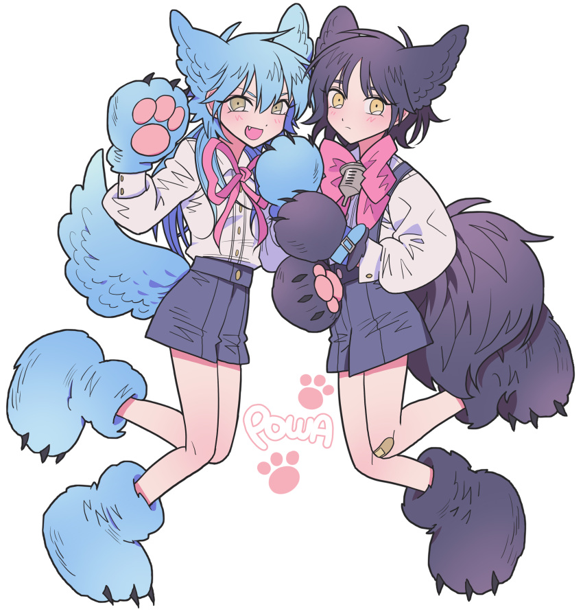 2boys :d absurdres animal_ears animal_hands black_hair blue_hair blue_shorts blush bow dog_boy dog_ears dog_tail dramatical_murder full_body gloves hair_between_eyes hands_up highres kemonomimi_mode long_hair long_sleeves looking_at_viewer male_focus meremero multiple_boys open_mouth paw_gloves paw_shoes personification pink_bow pink_ribbon ren_(dramatical_murder) ribbon seragaki_aoba shirt short_hair shorts simple_background smile standing standing_on_one_leg symmetrical_pose tail white_background white_shirt yellow_eyes