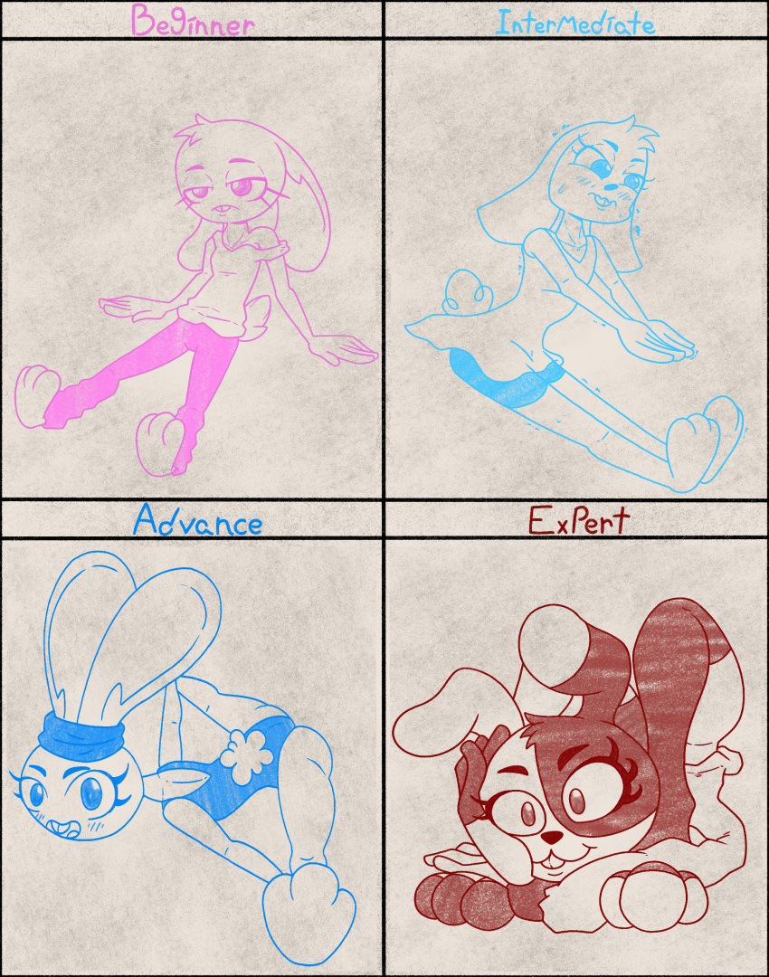 2022 absurd_res anthro backbend beanie_(roommates) blush bonbon_(roommates) bonnibel_(roommates) buckteeth clothing cute_expression digital_media_(artwork) english_text eyelashes female five_nights_at_freddy's flexible fluffy fluffy_tail group head_on_butt hi_res hoodie lagomorph leporid long_ears mammal mysterywhiteflame rabbit roommates roommates:motha scottgames shacking smile stretching teeth text topwear unitard vanny_(fnaf) video_games yoga