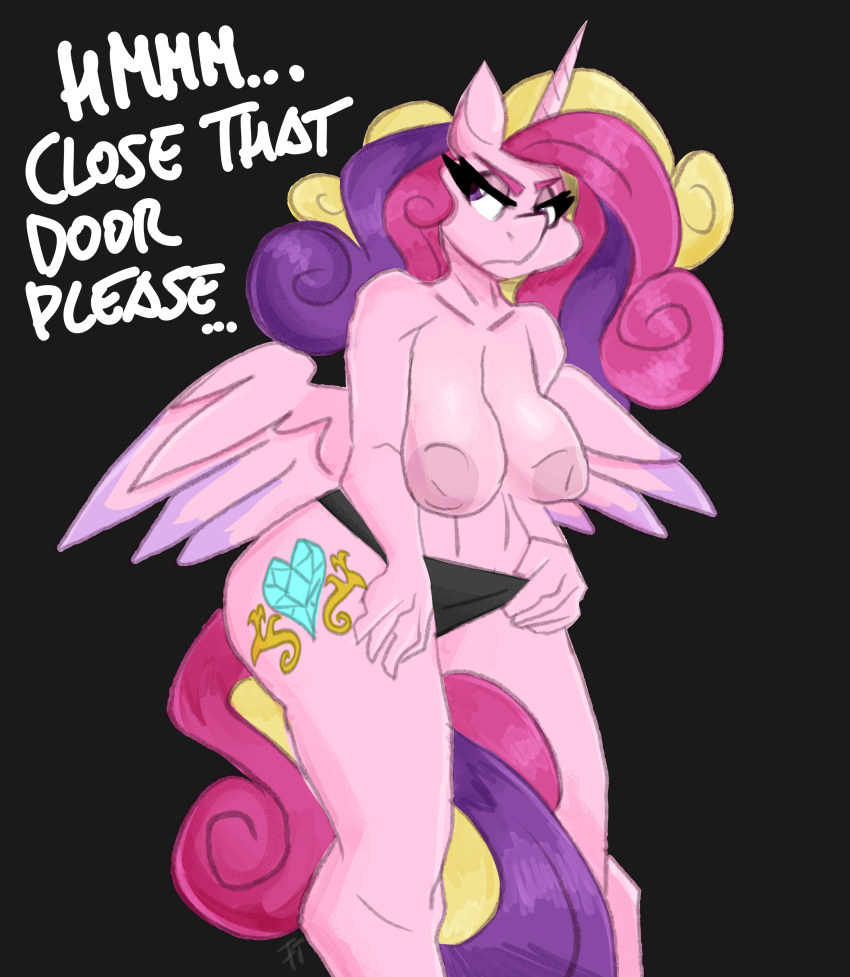 absurd_res anthro anthrofied areola big_breasts black_background blonde_hair breasts clothed clothing cutie_mark dialogue english_text equid equine eyebrows eyelashes female fingers flutterthrash friendship_is_magic hair hand_on_leg hand_on_own_leg hand_on_own_thigh hand_on_thigh hasbro hi_res horn inverted_nipples long_hair mammal multicolored_hair multicolored_tail my_little_pony nipples panties pink_areola pink_hair pink_tail princess_cadance_(mlp) purple_eyes purple_hair purple_tail simple_background solo standing tail text topless underwear winged_unicorn wings yellow_tail