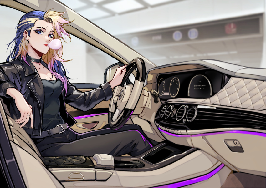 1girl absurdres akali belt black_choker black_hair black_jacket black_pants black_shirt blonde_hair breasts bu_ruo1996_(caricaturist) car_interior choker cleavage highres jacket jewelry k/da_(league_of_legends) k/da_akali league_of_legends long_hair long_sleeves looking_at_viewer medium_breasts open_clothes open_jacket pants pink_hair purple_eyes ring shirt sitting solo