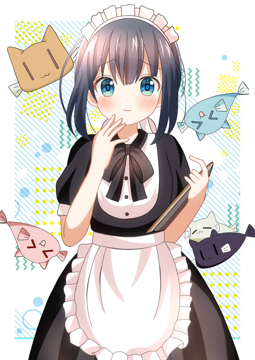 &gt;_&lt; 1girl :d absurdres animal apron black_dress black_hair blue_eyes blush closed_eyes closed_mouth commentary_request diagonal_stripes dress fish frilled_apron frills hair_between_eyes hands_up highres holding looking_at_viewer maid maid_headdress minagi_hiyori puffy_short_sleeves puffy_sleeves ryoutan short_sleeves sidelocks slow_loop smile solo striped striped_background wavy_mouth white_apron white_background xd