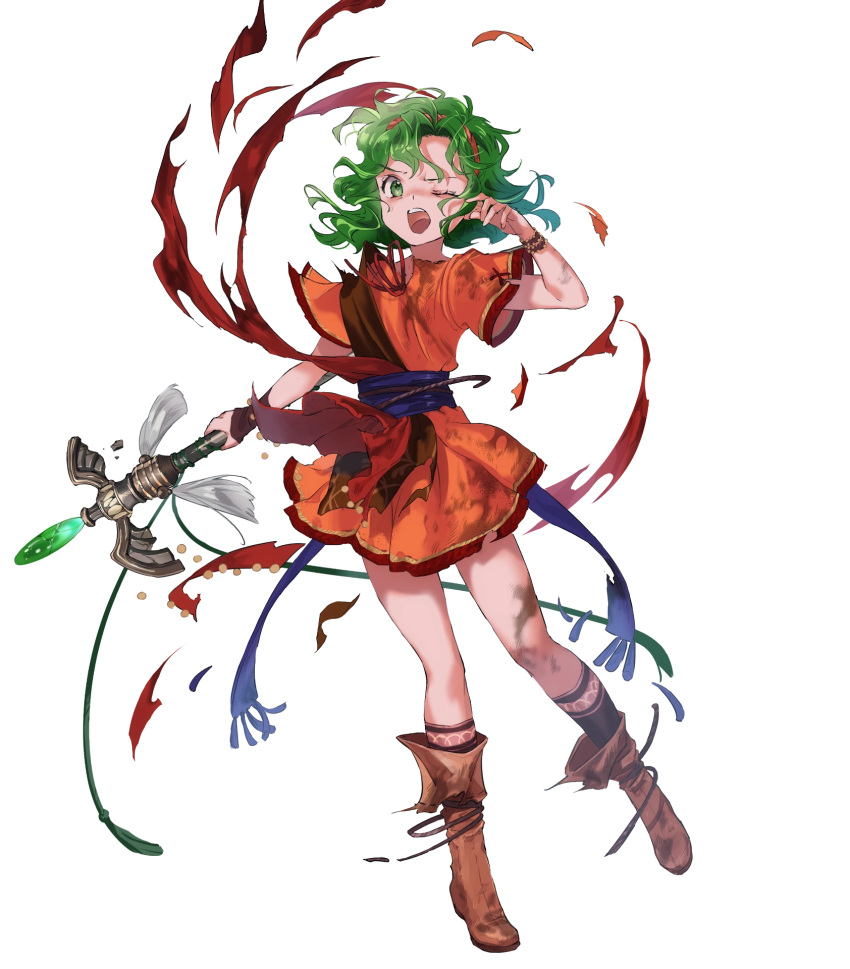 1girl blue_sash boots bracelet brown_footwear damaged dress fire_emblem fire_emblem:_thracia_776 fire_emblem_heroes full_body green_eyes green_hair highres holding holding_staff jewelry medium_hair non-web_source official_art one_eye_closed red_dress sash solo staff tina_(fire_emblem) torn_clothes