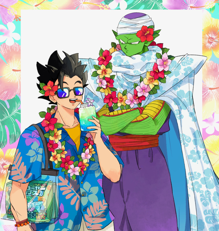 2boys :d bag black-framed_eyewear black_hair blue_shirt border bracelet buttons cape closed_mouth collared_shirt colored_skin commentary_request crossed_arms cup dougi dragon_ball dragon_ball_super drinking_straw floral_border floral_print flower flower_necklace frown green_skin hair_flower hair_ornament hand_up hawaiian_shirt hibiscus highres holding holding_cup j_ooey jewelry lei looking_at_another male_focus multiple_boys namekian no_eyebrows open_mouth pants piccolo pointy_ears print_cape purple_pants red_flower red_sash sash shirt short_hair short_sleeves shoulder_bag shoulder_pads sideways_glance simple_background smile son_gohan spiked_hair sunglasses teeth turban upper_teeth_only v-shaped_eyebrows white_background white_cape yellow_shirt