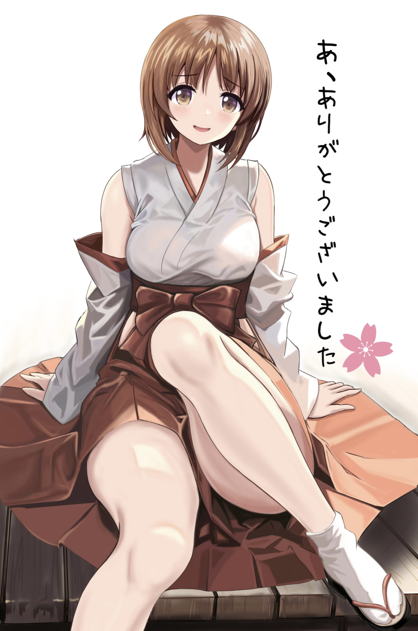 1girl absurdres alternate_costume black_footwear brown_eyes brown_hair commentary detached_sleeves girls_und_panzer hakama hakama_skirt highres japanese_clothes knee_up looking_at_viewer miko nishizumi_miho open_mouth red_hakama sandals shirt short_hair sitting skirt sleeveless sleeveless_shirt smile socks solo tabi translated white_background white_shirt white_sleeves white_socks wooden_floor zaofeng