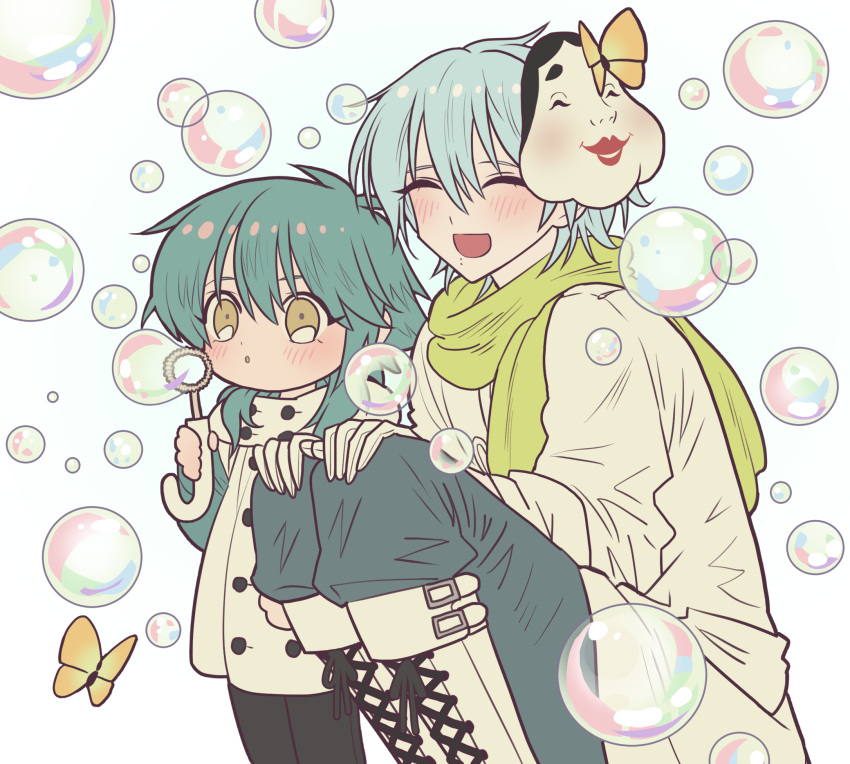 2boys ^_^ aged_down blue_hair blue_pants bubble_blowing bubble_wand bug butterfly clear_(dramatical_murder) closed_eyes coat dramatical_murder green_scarf hair_between_eyes hand_up hands_on_own_knees highres knees_up long_hair long_sleeves male_focus mask mask_on_head meremero mole multiple_boys open_mouth pants scarf seragaki_aoba short_hair sitting smile soap_bubbles standing white_coat white_hair yellow_eyes