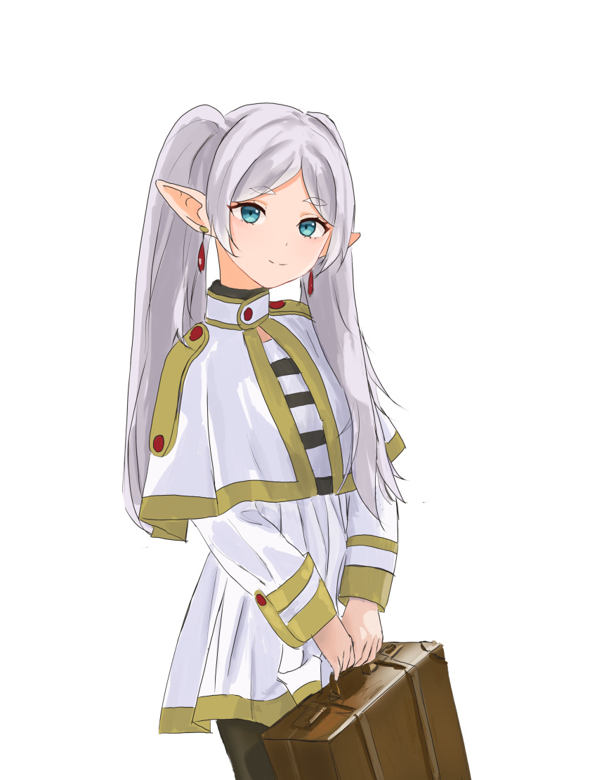 1girl absurdres aqua_eyes black_pantyhose capelet closed_mouth commentary dress earrings elf eyelashes flat_chest frieren gold_trim grey_hair highres holding holding_suitcase jewelry joylispark long_hair looking_to_the_side pantyhose parted_bangs pointy_ears short_eyebrows short_sleeves simple_background sleeve_cuffs smile solo sousou_no_frieren suitcase thick_eyebrows three_quarter_view twintails v_arms white_background white_dress