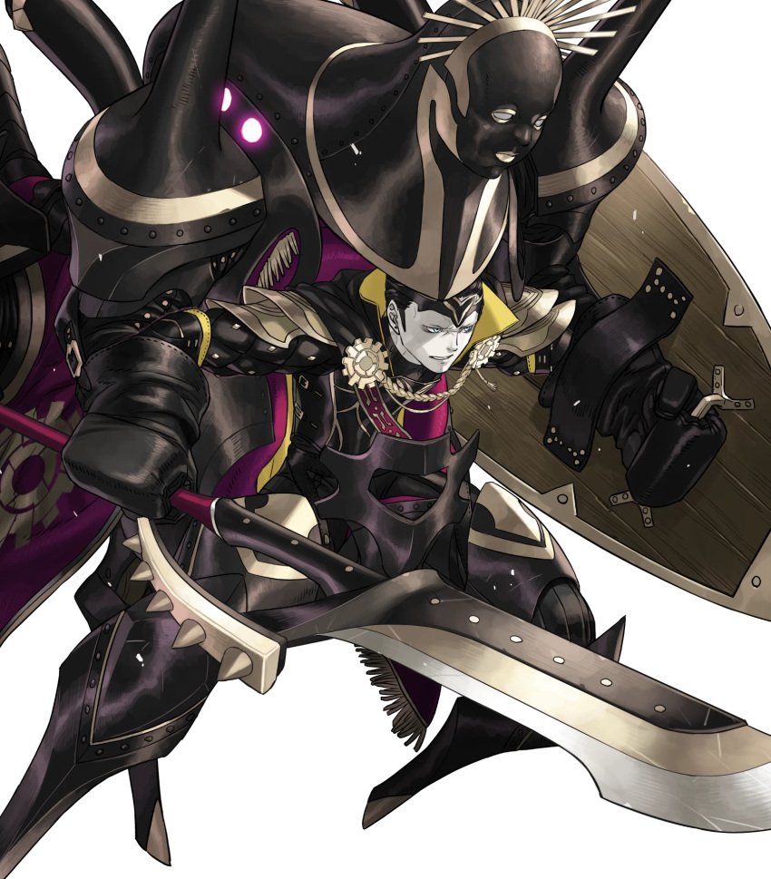 1boy attack black_bodysuit black_cloak black_hair blonde_hair bodysuit cloak crown fafnir_(fire_emblem) fire_emblem fire_emblem_heroes hair_slicked_back highres holding holding_polearm holding_shield holding_weapon king mecha multicolored_hair non-web_source official_art polearm robot shield solo streaked_hair weapon