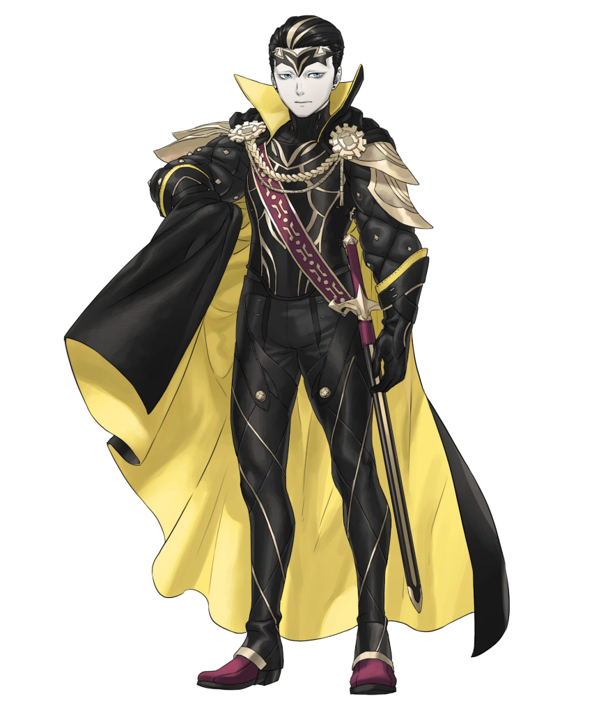 1boy black_bodysuit black_cloak black_hair blonde_hair bodysuit cape cloak crown fafnir_(fire_emblem) fire_emblem fire_emblem_heroes hair_slicked_back highres holding holding_cape holding_clothes king looking_at_viewer multicolored_hair non-web_source official_art sheath solo streaked_hair sword tachi-e weapon