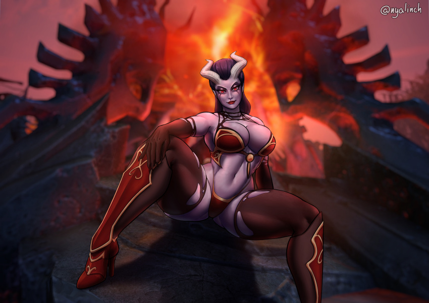 absurd_res akasha_the_queen_of_pain armwear big_breasts bottomwear breasts brown_armwear brown_clothing brown_legwear brown_thigh_highs clothing demon demon_humanoid dota female hair hi_res horn horned_humanoid humanoid legwear lipstick looking_at_viewer makeup nails navel nyalinch purple_body purple_hair red_bottomwear red_clothing red_eyes red_high_heels red_lipstick red_thong red_topwear red_underwear sharp_nails sitting smile solo spread_legs spreading thick_thighs thigh_highs thong topwear underwear white_horn wide_hips