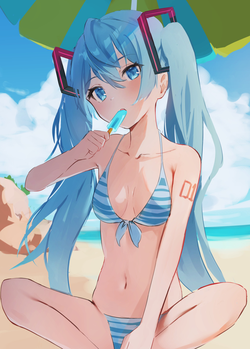 1girl absurdres arm_tattoo bangs bare_arms bare_legs beach bikini blue_bikini blue_eyes blue_hair blush breasts cloud collarbone daminminmin day eating food front-tie_bikini_top front-tie_top hair_between_eyes hair_ornament halterneck hatsune_miku head_tilt highres holding holding_food indian_style long_hair navel number_tattoo ocean open_mouth outdoors parasol popsicle shiny shiny_hair sitting small_breasts solo striped striped_bikini summer swimsuit tattoo twintails umbrella very_long_hair vocaloid
