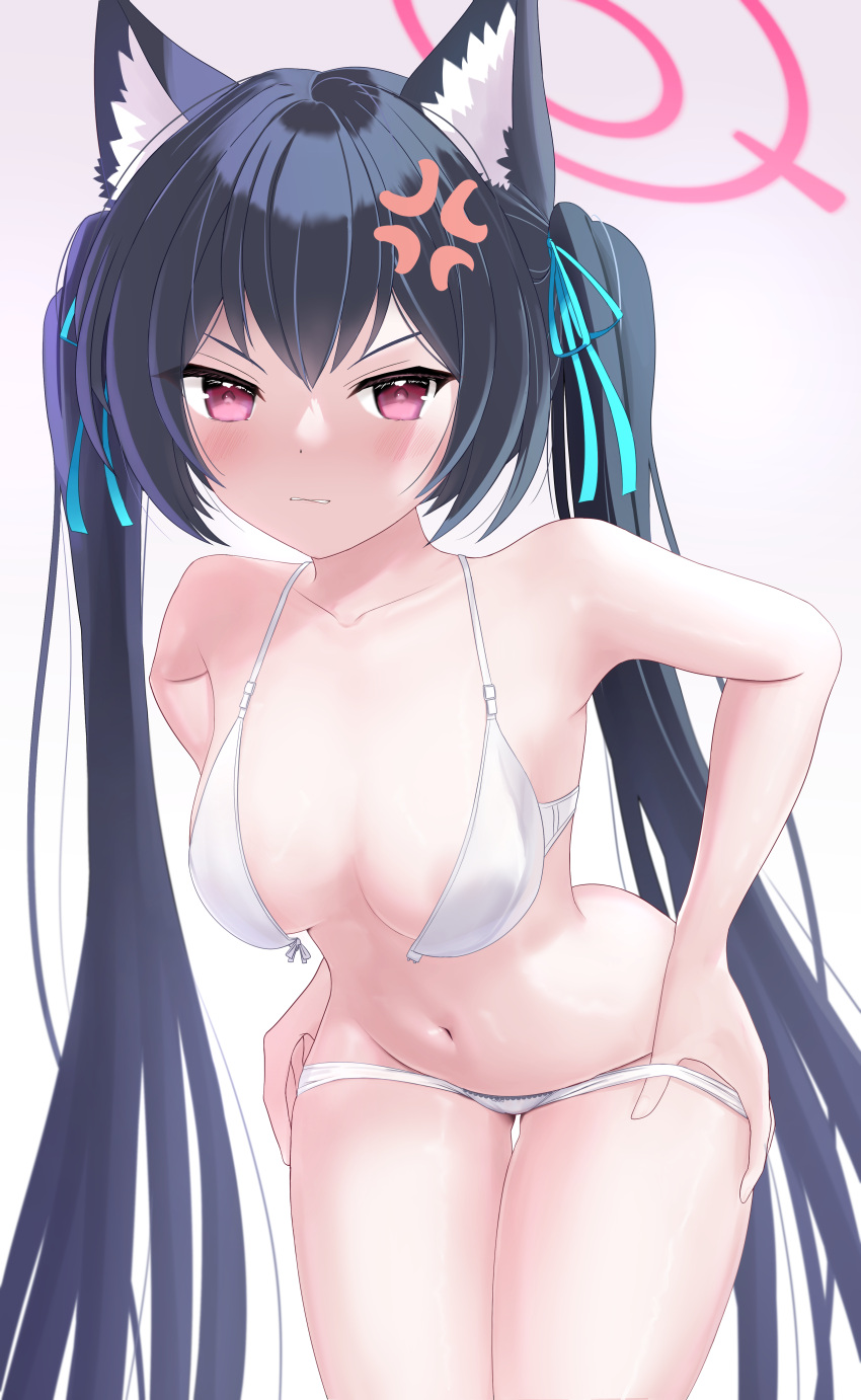1girl absurdres anger_vein animal_ear_fluff animal_ears areola_slip bent_over black_hair blue_archive blush bow bow_bra bow_panties bra breasts cat_ears front-hook_bra halo highres long_hair looking_at_viewer medium_breasts navel open_bra p_ion panties panty_pull pink_halo pulled_by_self red_eyes serika_(blue_archive) solo standing thigh_gap thighs twintails underwear underwear_only undressing white_bra white_panties