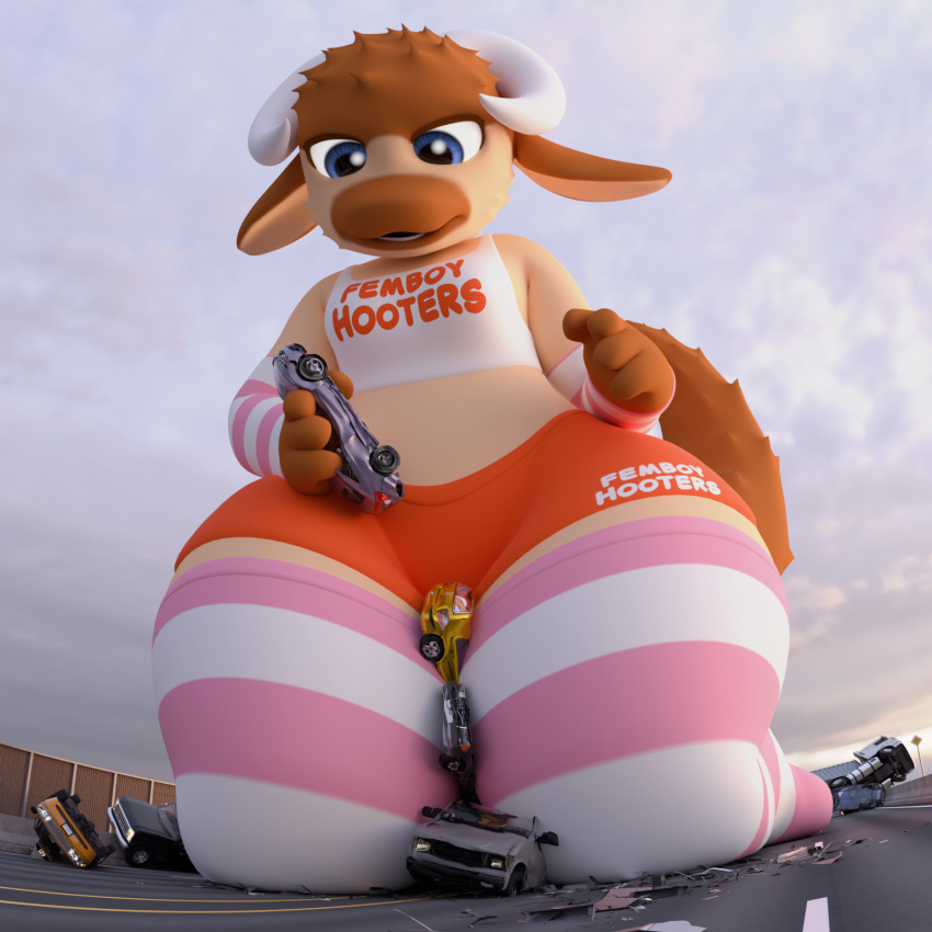 3d_(artwork) 4_fingers anthro arm_warmers armwear blue_eyes bottomwear bovid bovine brown_body brown_ears brown_fur brown_hair brown_tail car clothed clothing cloudscape crush crushed_vehicle curled_horn debris digital_media_(artwork) english_text female femboy_hooters fingers fur hair hi_res highway holding_car holding_object horn kneeling legwear looking_down macro mammal open_mouth orange_bottomwear orange_clothing outside pants pattern_clothing pattern_legwear pink_clothing pink_stripes road shirt sky slightly_chubby solo squish striped_clothing striped_legwear stripes tail tan_body tan_ears tan_fur tank_top text text_on_bottomwear text_on_clothing text_on_pants text_on_shirt text_on_tank_top text_on_topwear thick_thighs thigh_highs thigh_squish tooeks topwear traffic truck_(vehicle) vehicle white_clothing white_stripes white_topwear