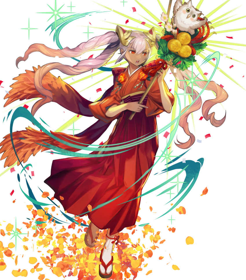 1girl dark-skinned_female dark_skin fire_emblem fire_emblem_heroes highres holding_rake japanese_clothes kimono laevatein_(fire_emblem) laevatein_(new_year)_(fire_emblem) multicolored_hair non-web_source official_alternate_costume official_art open_mouth orange_hair quad_tails rake red_eyes red_kimono sandals solo tabi two-tone_hair white_hair