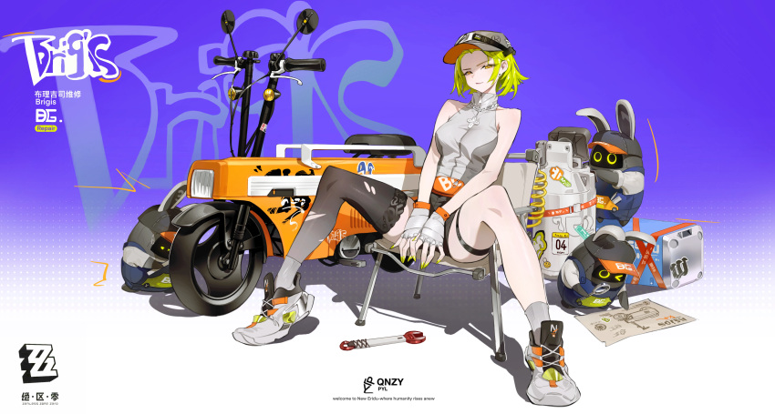 &gt;_o 1girl absurdres animal artist_logo artist_name asymmetrical_legwear bangboo_(zenless_zone_zero) bare_shoulders baseball_cap black_headwear black_shorts blue_background blue_overalls blueprint_(object) box cable camping_chair canister chain_necklace character_name chinese_commentary chinese_text clothed_animal commentary copyright_name covering_crotch covering_privates cross cross_necklace earrings ears_through_headwear english_text fanny_pack fingerless_gloves fingernails full_body gloves gradient_background gradient_legwear graffiti green_hair green_nails grey_gloves grey_headwear grey_shirt grey_socks grey_thighhighs handlebar hat headlight highres jewelry logo looking_at_viewer maintenance mismatched_legwear motion_lines motor_vehicle multiple_necklaces nail_polish necklace on_chair one_eye_closed orange_background original overalls pen pocket polka_dot polka_dot_background qnzy rear-view_mirror repairing ruler scooter shadow sharp_fingernails shirt short_hair shorts simplified_chinese_text single_bare_leg single_thighhigh sitting sleeveless sleeveless_shirt socks solo sticker stud_earrings studying sweatdrop thigh_strap thighhighs tools torn_clothes torn_thighhighs turtleneck_shirt wheel white_background white_footwear wrench yellow_eyes zenless_zone_zero zipper_pull_tab