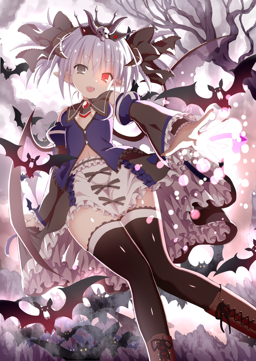 1girl :d absurdres animal bare_shoulders bare_tree bat_(animal) black_bow black_skirt black_sleeves black_thighhighs boots bow breasts brown_footwear character_request chouhakai!!_barbarossa cross-laced_footwear detached_sleeves fang frilled_skirt frilled_sleeves frills givuchoko grey_eyes grey_hair grey_wings hair_between_eyes hair_bow heterochromia highres horns lace-up_boots layered_sleeves long_sleeves looking_at_viewer medium_breasts pointy_ears puffy_short_sleeves puffy_sleeves red_eyes short_over_long_sleeves short_sleeves skirt smile solo thighhighs thighhighs_under_boots tree twintails wide_sleeves wings wrist_cuffs